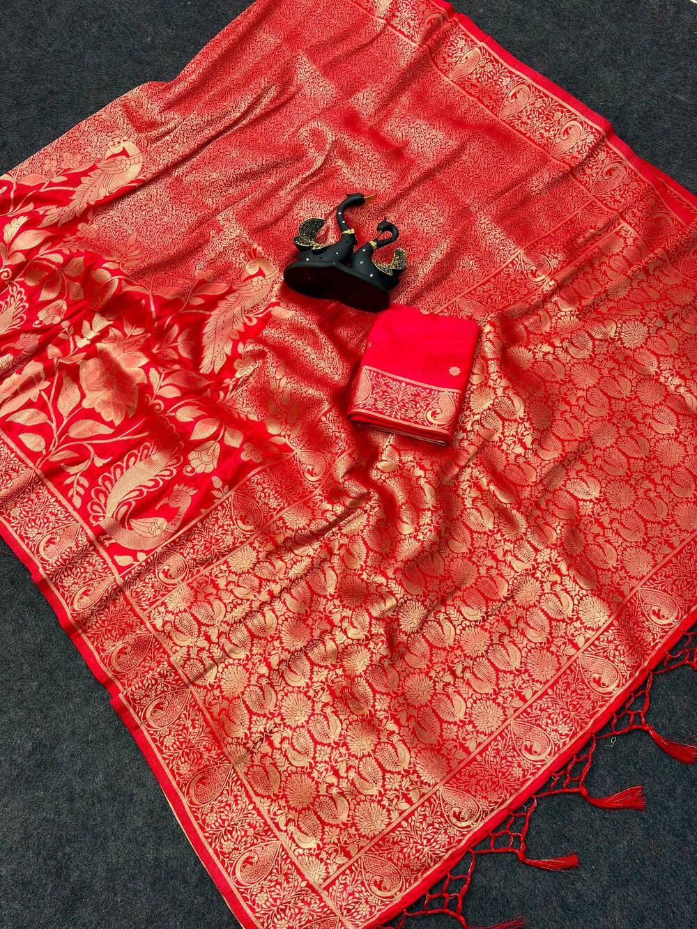 Desultory Red Khadi Georgette Banarasi Silk Saree With Panache Blouse Piece