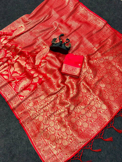 Desultory Red Khadi Georgette Banarasi Silk Saree With Panache Blouse Piece