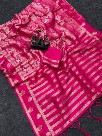 Marvellous Dark Pink Khadi Georgette Banarasi Silk Saree With Innovative Blouse Piece