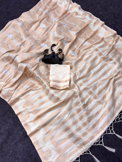 Eloquence Off White Khadi Georgette Banarasi Silk Saree With Delightful Blouse Piece