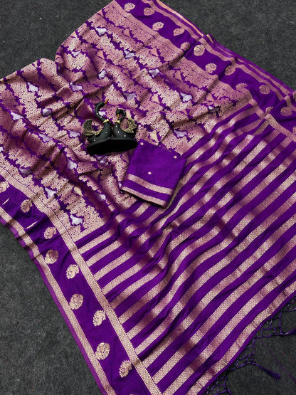 Luminous Purple Khadi Georgette Banarasi Silk Saree With Exquisite Blouse Piece