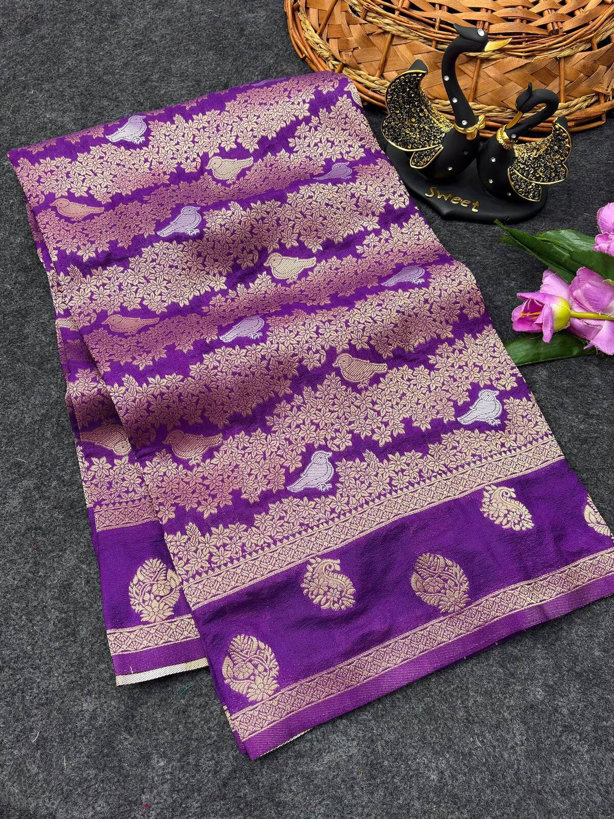 Luminous Purple Khadi Georgette Banarasi Silk Saree With Exquisite Blouse Piece
