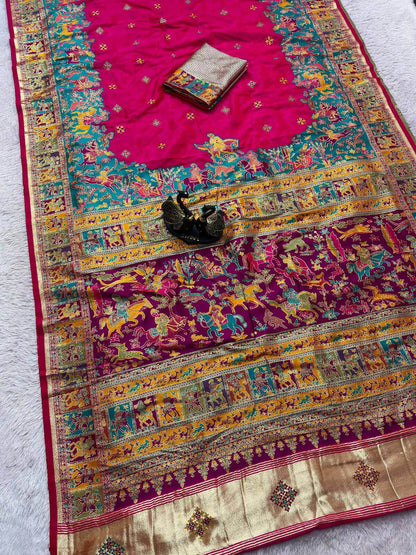 Enamoring Dark Pink Pashmina Saree With Imbrication Blouse Piece