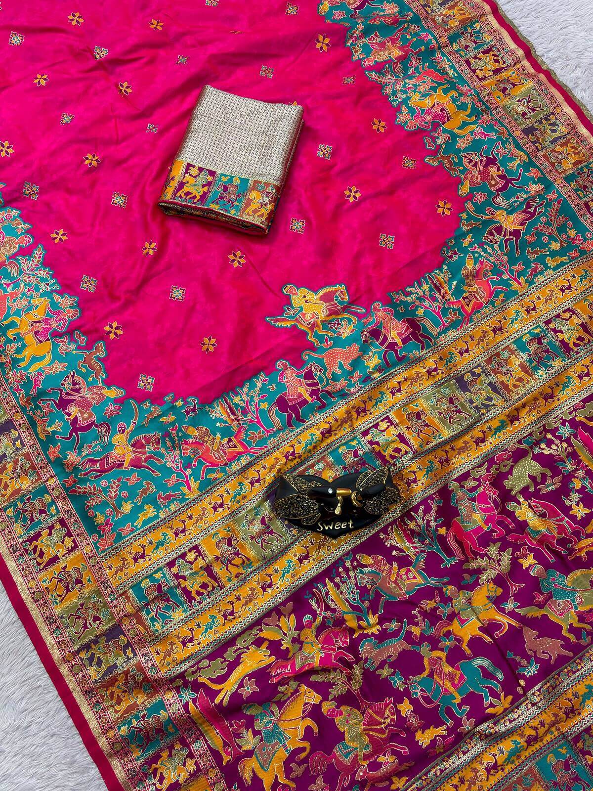 Enamoring Dark Pink Pashmina Saree With Imbrication Blouse Piece