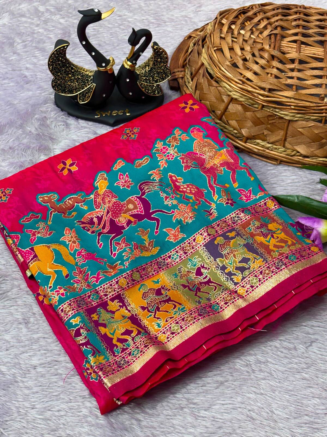 Enamoring Dark Pink Pashmina Saree With Imbrication Blouse Piece