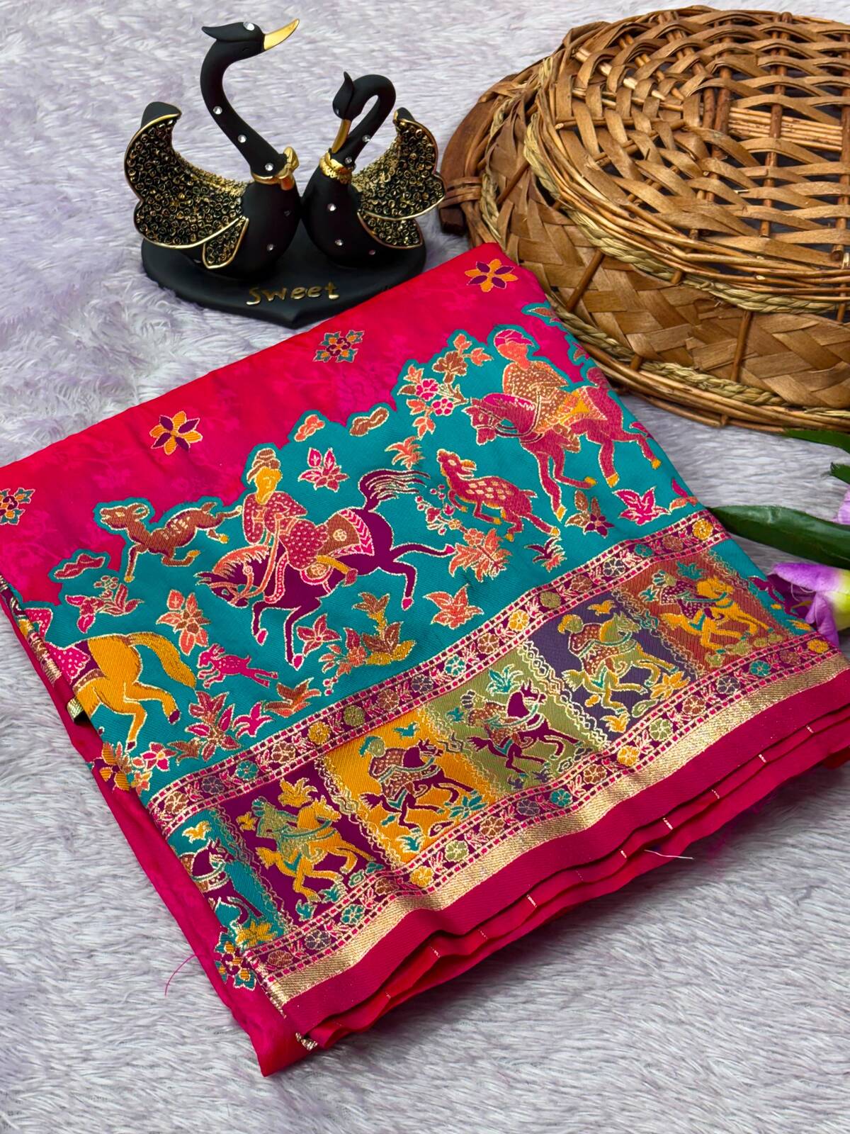 Enamoring Dark Pink Pashmina Saree With Imbrication Blouse Piece