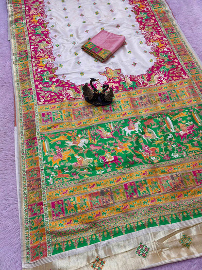 Prettiest Off White Pashmina Saree With Adorable Blouse Piece