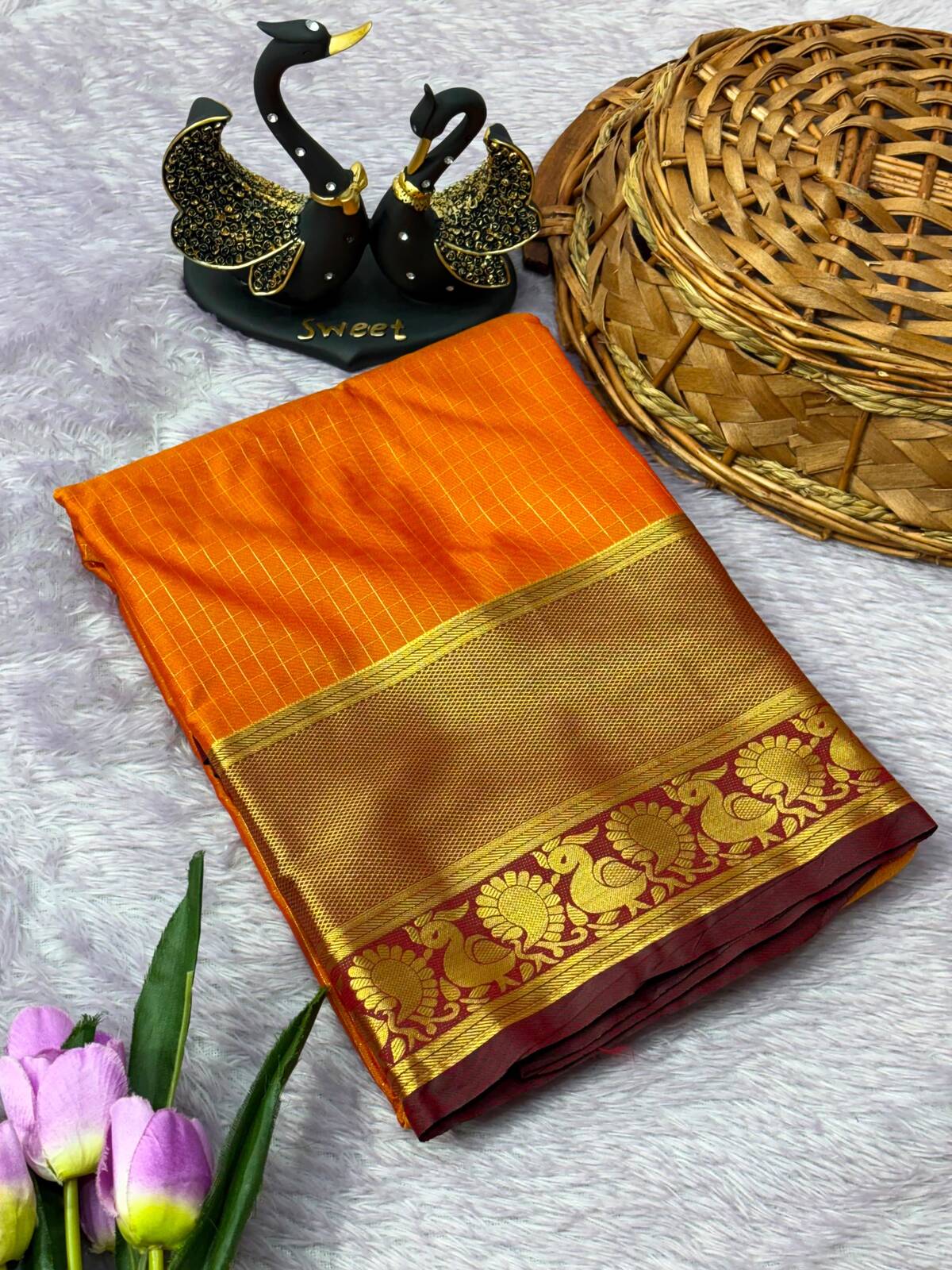 Jazzy Orange Pure Banarasi Silk Saree With Engaging Blouse Piece