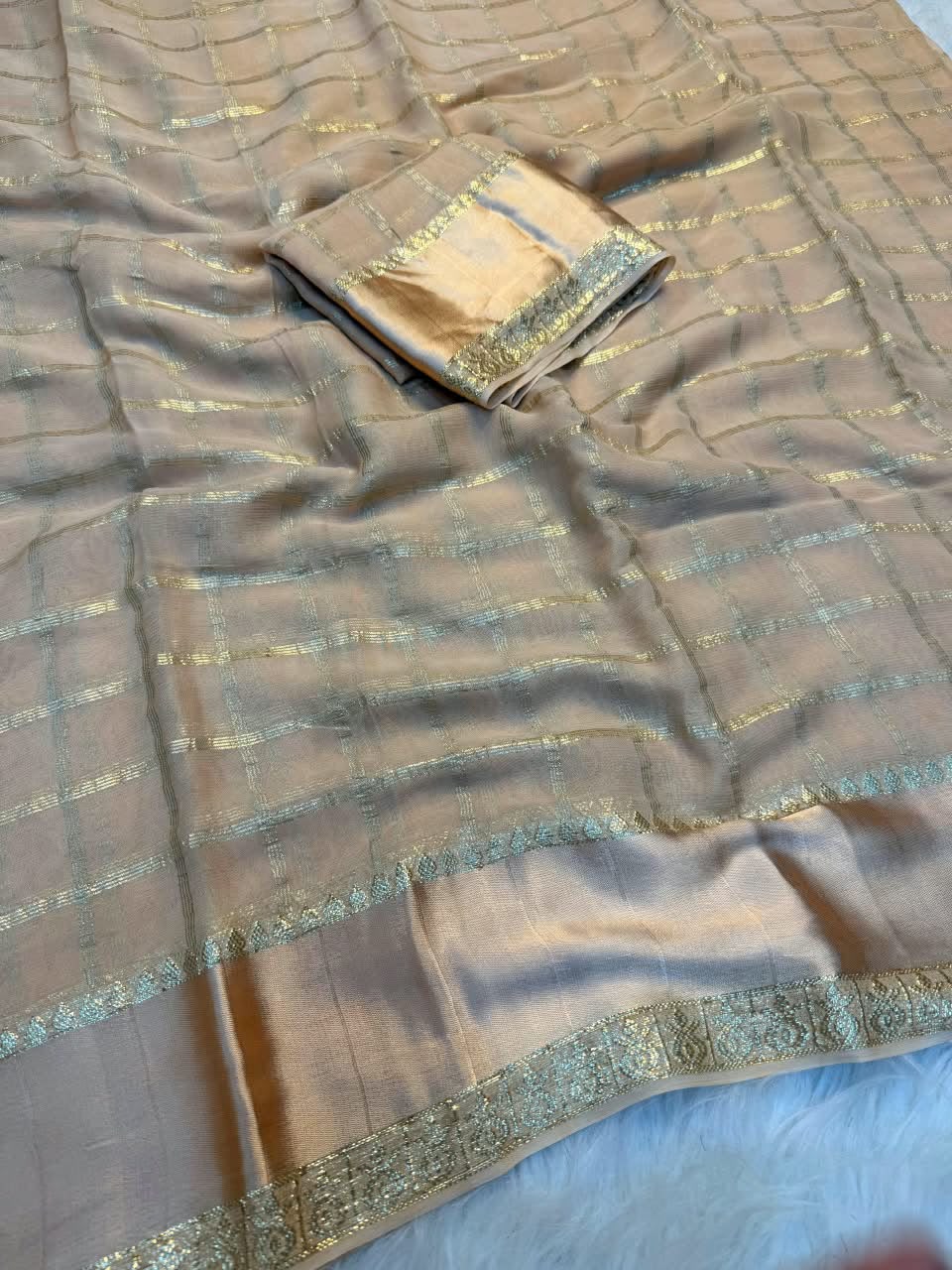Enthralling Beige Banarasi Viscose Silk Saree With Girlish Blouse Piece