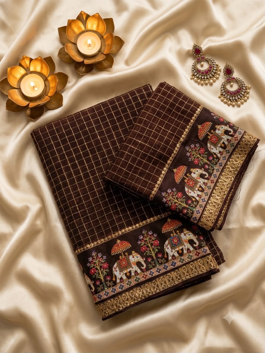 Stunning Brown Banarasi Viscose Silk Saree With Assemblage Blouse Piece