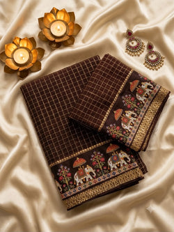 Stunning Brown Banarasi Viscose Silk Saree With Assemblage Blouse Piece