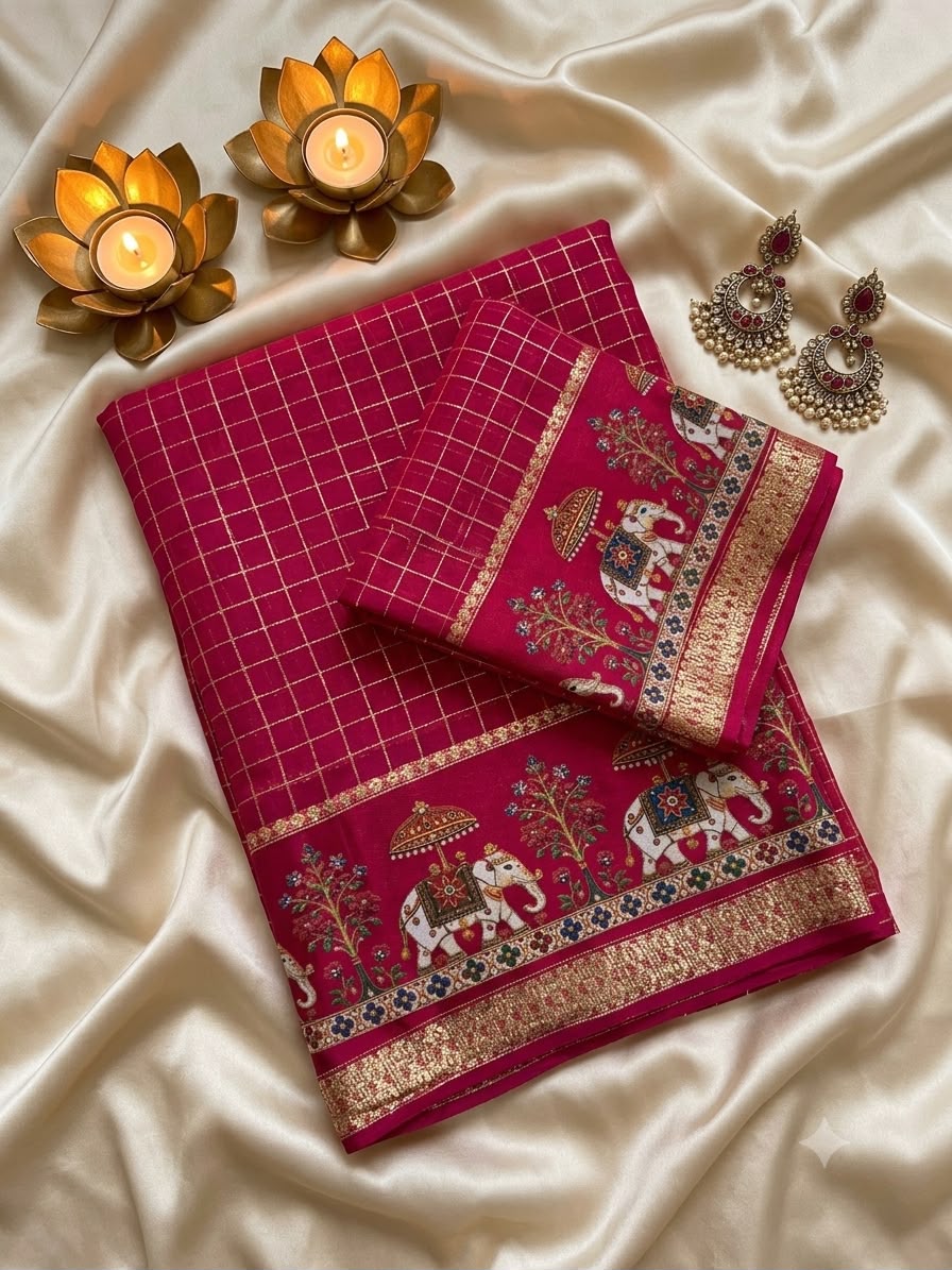 Nemesis Dark Pink Banarasi Viscose Silk Saree With Snappy Blouse Piece