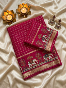 Nemesis Dark Pink Banarasi Viscose Silk Saree With Snappy Blouse Piece