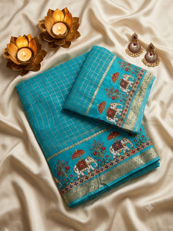 Charming Firozi Banarasi Viscose Silk Saree With Splendorous Blouse Piece