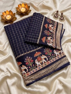 Jubilant Navy Blue Banarasi Viscose Silk Saree With Denouement Blouse Piece