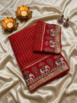 Classy Red Banarasi Viscose Silk Saree With Captivating Blouse Piece