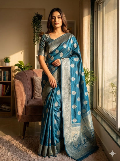 Divine Rama Soft Silk Saree With Adorning Blouse Piece