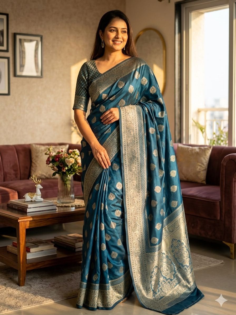 Divine Rama Soft Silk Saree With Adorning Blouse Piece