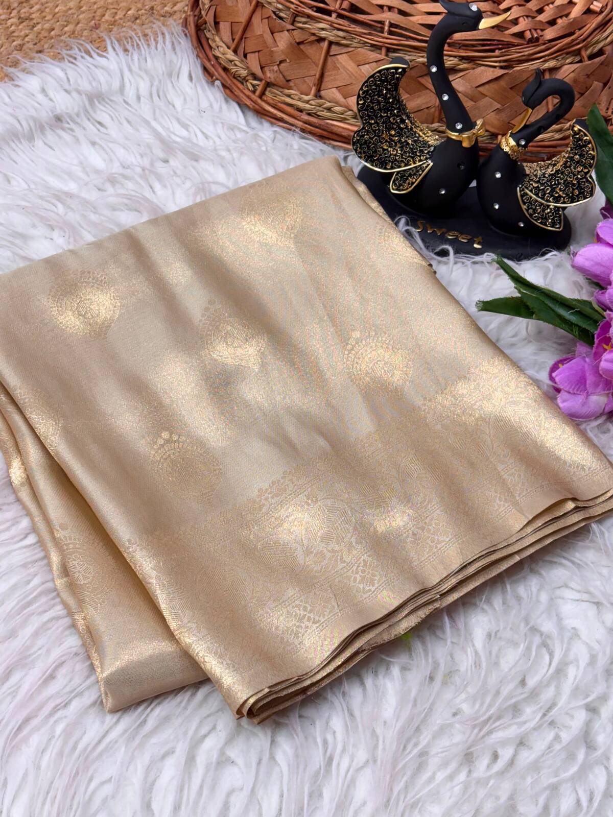Evocative Beige Banarasi Tissue Silk Saree With Opulent Blouse Piece