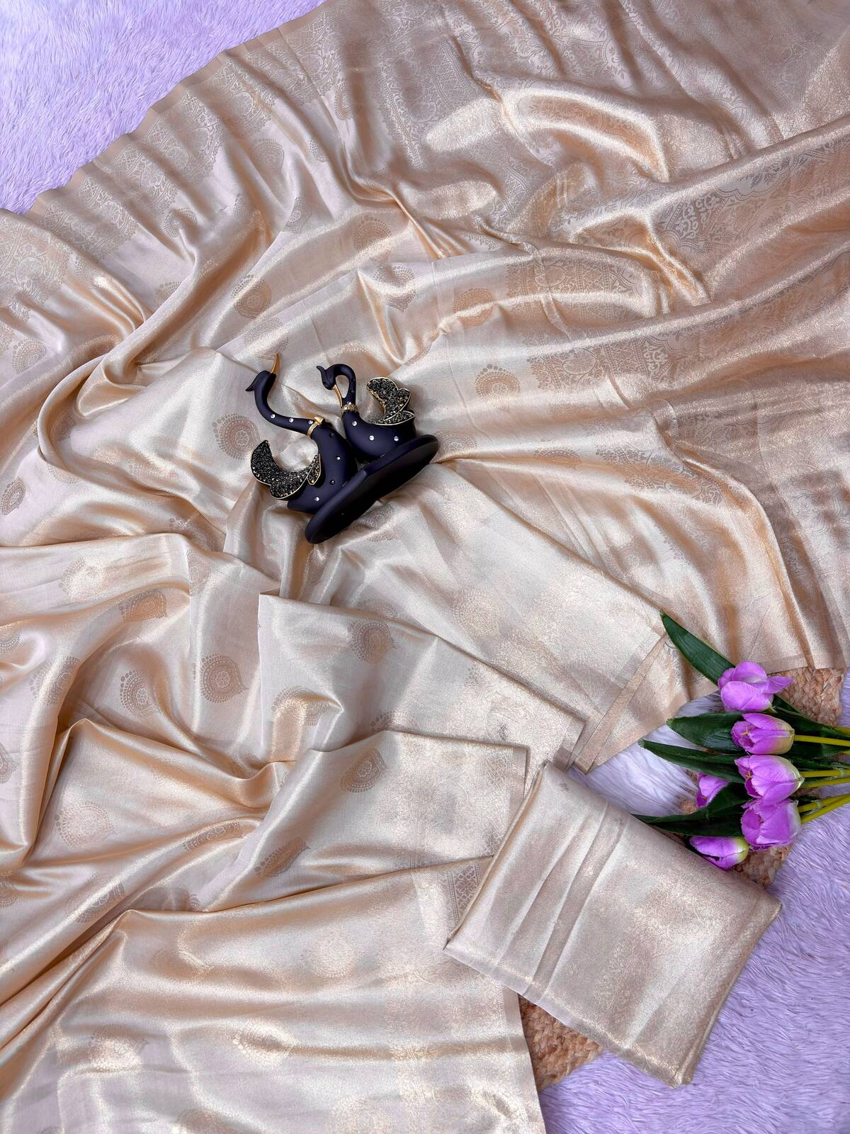 Evocative Beige Banarasi Tissue Silk Saree With Opulent Blouse Piece