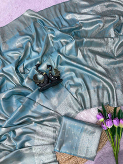 Redolent Firozi Banarasi Tissue Silk Saree With Demesne Blouse Piece