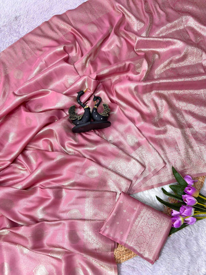 Classic Pink Banarasi Tissue Silk Saree With Ethnic Blouse Piece