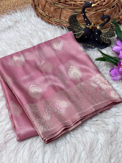 Classic Pink Banarasi Tissue Silk Saree With Ethnic Blouse Piece