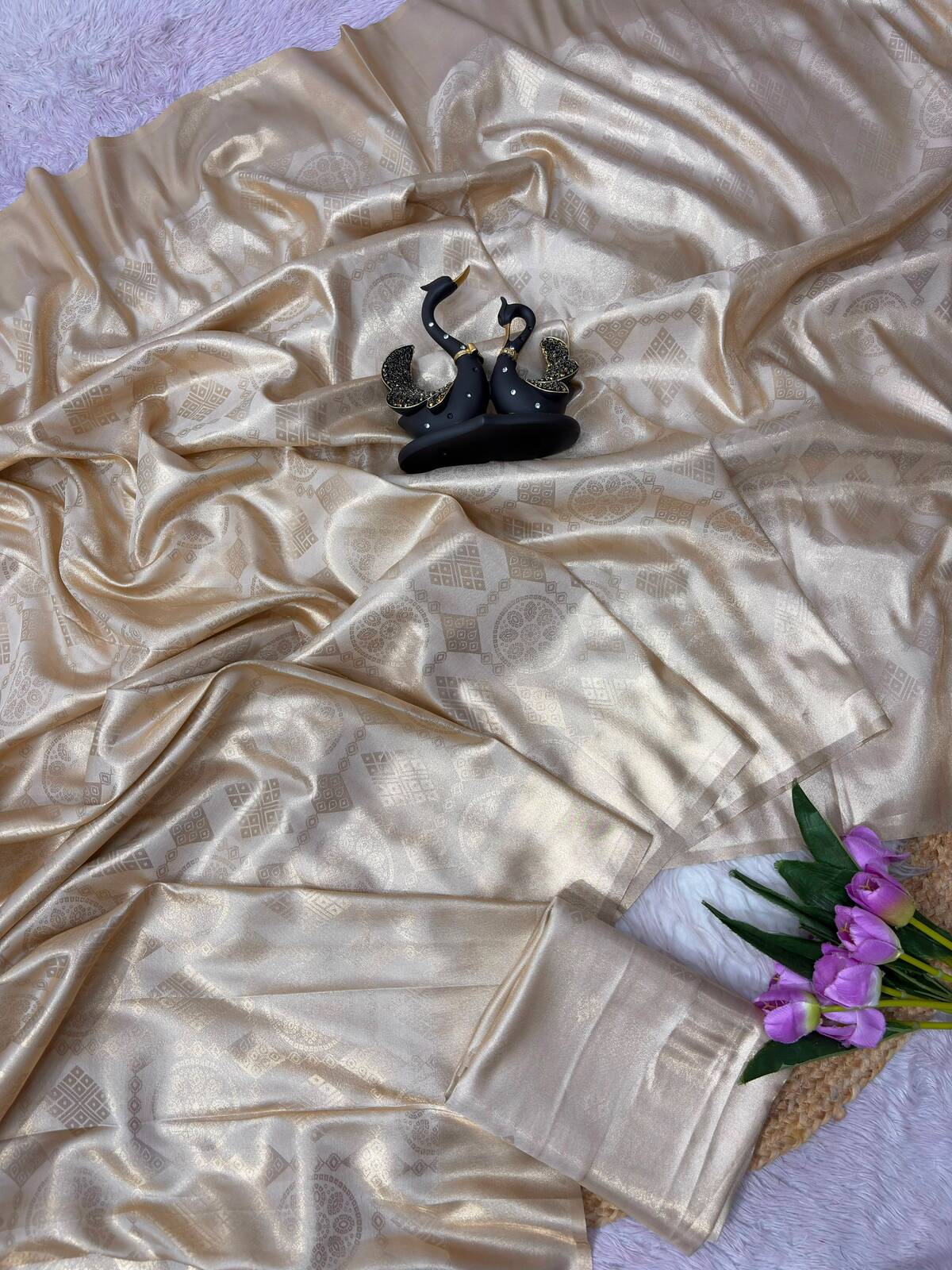 Ephemeral Beige Banarasi Tissue Silk Saree With Intricate Blouse Piece