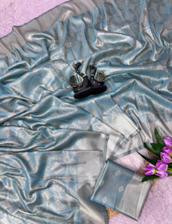 Ethereal Firozi Banarasi Tissue Silk Saree With Dissemble Blouse Piece