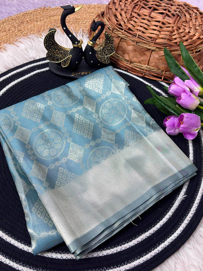 Ethereal Firozi Banarasi Tissue Silk Saree With Dissemble Blouse Piece