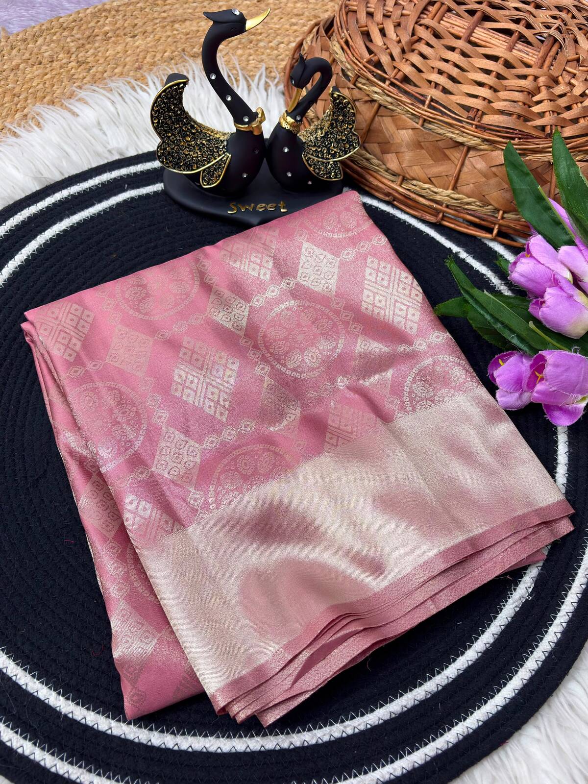 Forbearance Pink Banarasi Tissue Silk Saree With Rhapsody Blouse Piece