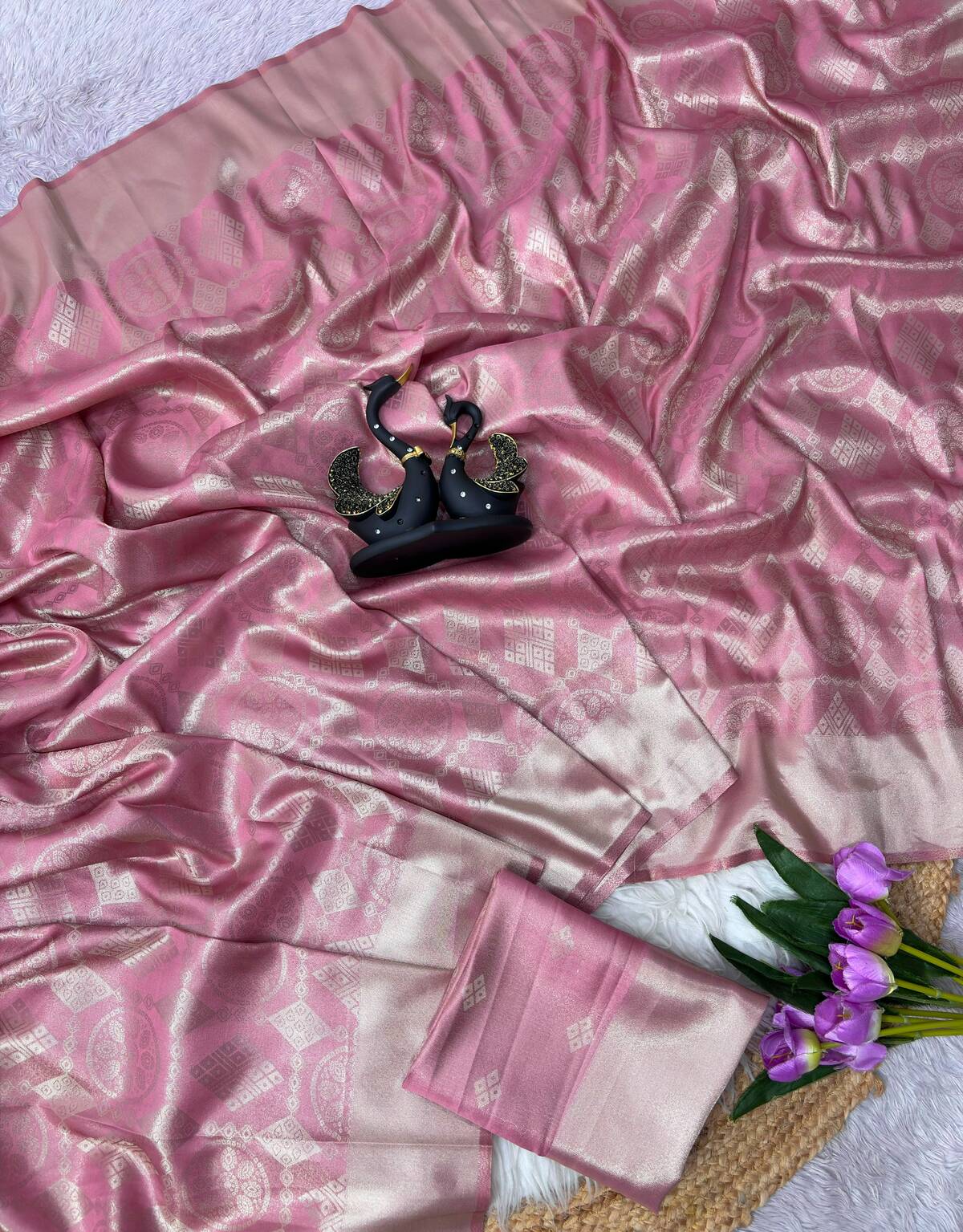 Forbearance Pink Banarasi Tissue Silk Saree With Rhapsody Blouse Piece