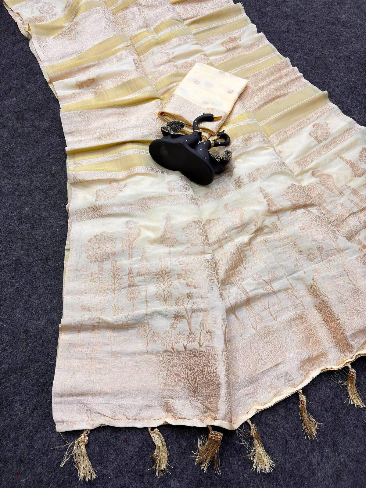 Entrancing Beige Khadi Georgette Banarasi Silk Saree With Invaluable Blouse Piece
