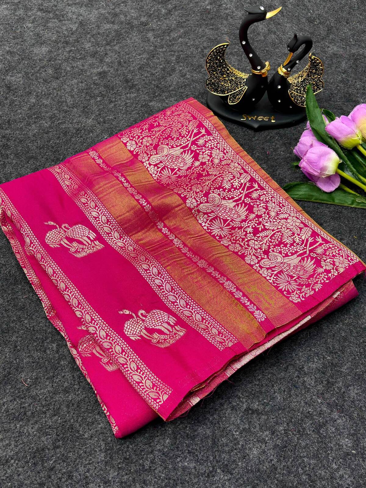 Staggering Dark Pink Khadi Georgette Banarasi Silk Saree With Groovy Blouse Piece