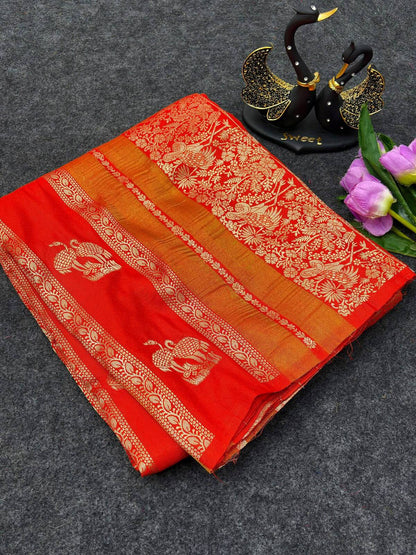 Winsome Orange Khadi Georgette Banarasi Silk Saree With Sophisticated Blouse Piece