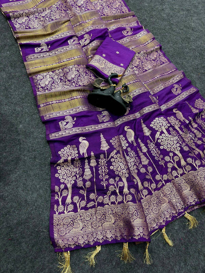Surpassing Purple Khadi Georgette Banarasi Silk Saree With Glamorous Blouse Piece