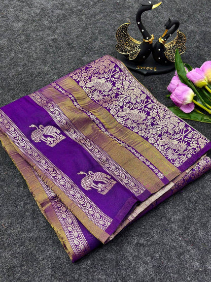 Surpassing Purple Khadi Georgette Banarasi Silk Saree With Glamorous Blouse Piece