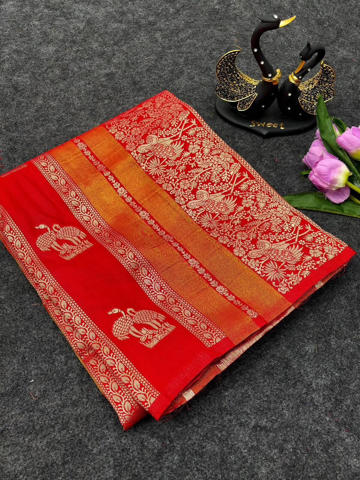 Desuetude Red Khadi Georgette Banarasi Silk Saree With Amazing Blouse Piece