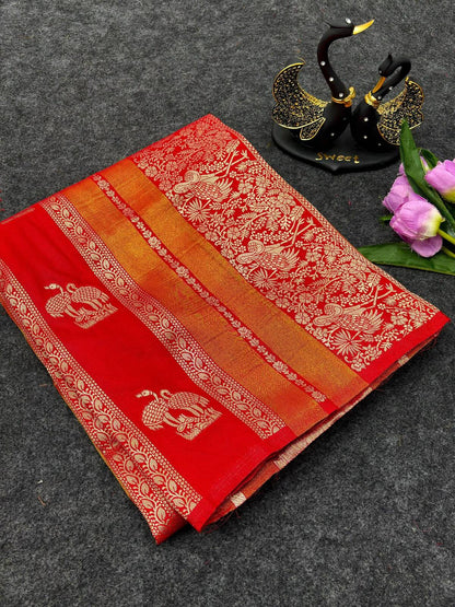 Desuetude Red Khadi Georgette Banarasi Silk Saree With Amazing Blouse Piece