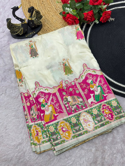 Adoring Beige Pashmina Saree With Designer Blouse Piece