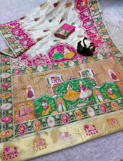 Adoring Beige Pashmina Saree With Designer Blouse Piece
