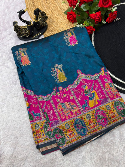 Bucolic Navy Blue Pashmina Saree With Preferable Blouse Piece