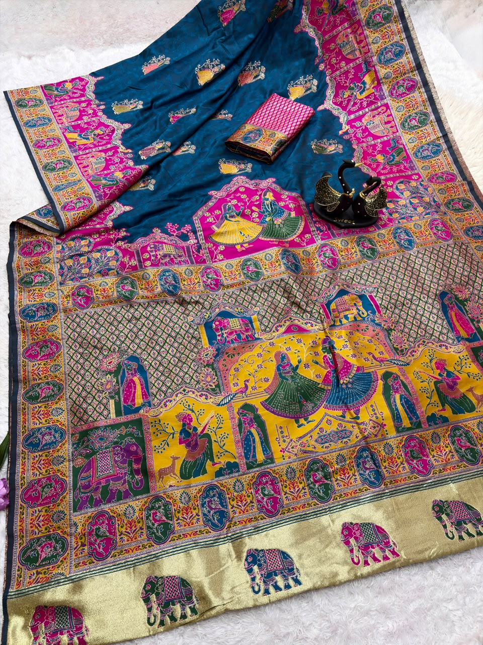 Bucolic Navy Blue Pashmina Saree With Preferable Blouse Piece