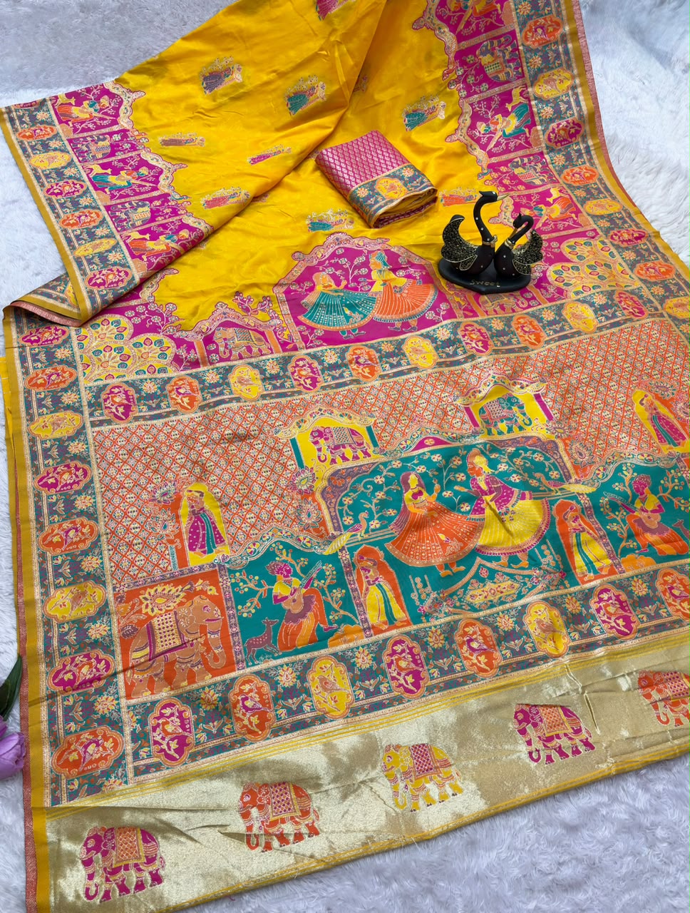 Pulsating Yellow Pashmina Saree With Opulent Blouse Piece
