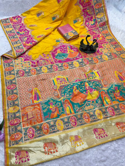 Pulsating Yellow Pashmina Saree With Opulent Blouse Piece