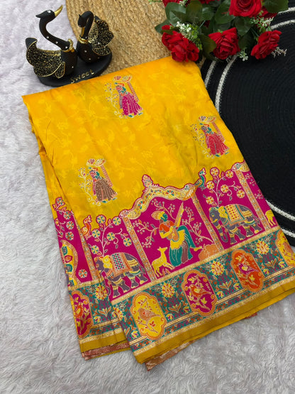 Pulsating Yellow Pashmina Saree With Opulent Blouse Piece