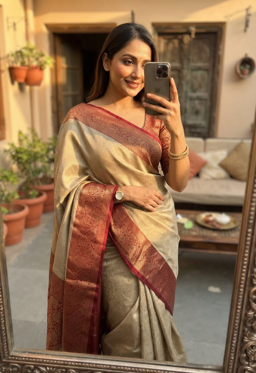 Elegant Beige Pure Banarasi Silk Saree With Snazzy Blouse Piece