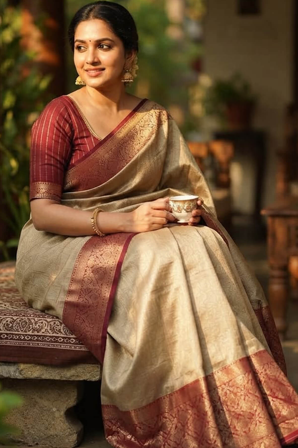 Elegant Beige Pure Banarasi Silk Saree With Snazzy Blouse Piece