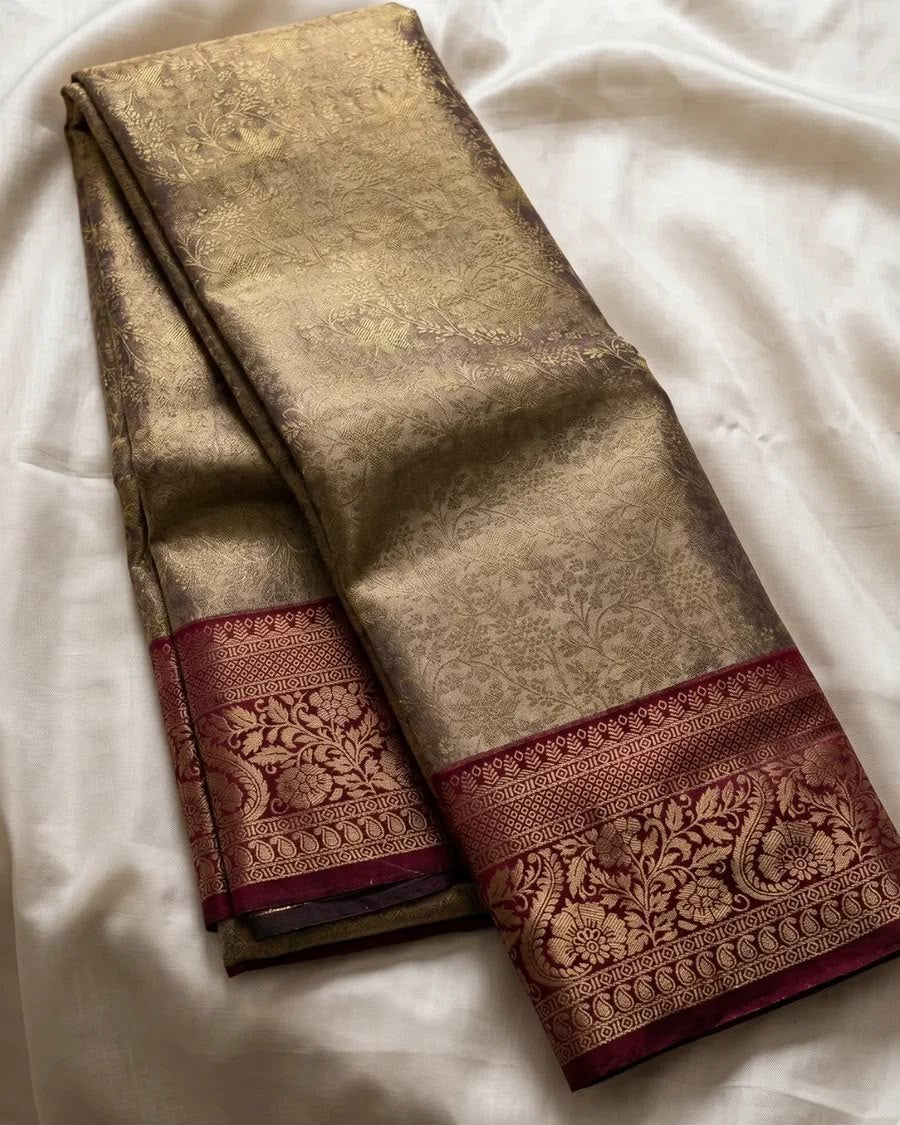 Elegant Beige Pure Banarasi Silk Saree With Snazzy Blouse Piece