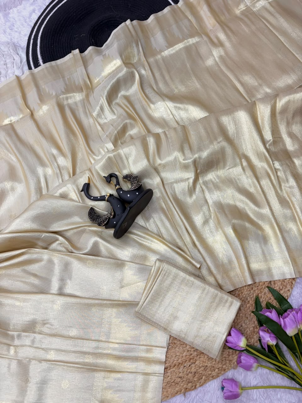 Smashing Beige Banarasi Tissue Silk Saree With Winsome Blouse Piece